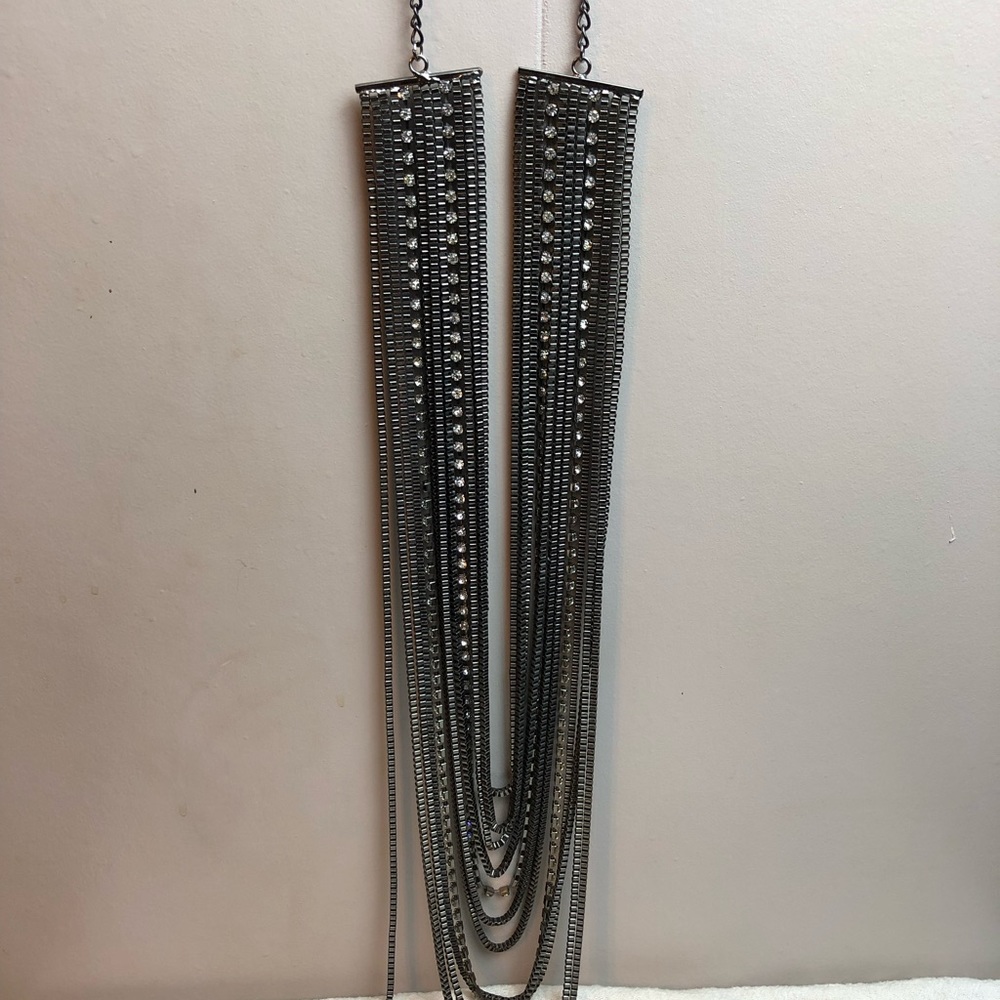 Gun metal tone multistrand Clear Rhinestone Necklace 28-30” #203